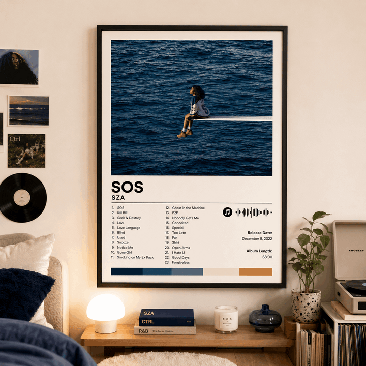 Custom album poster in black frame, ocean photo with “SOS” title, track list and waveform