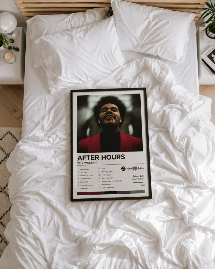 Custom album poster in black frame, “AFTER HOURS” artwork shown on white bed linens