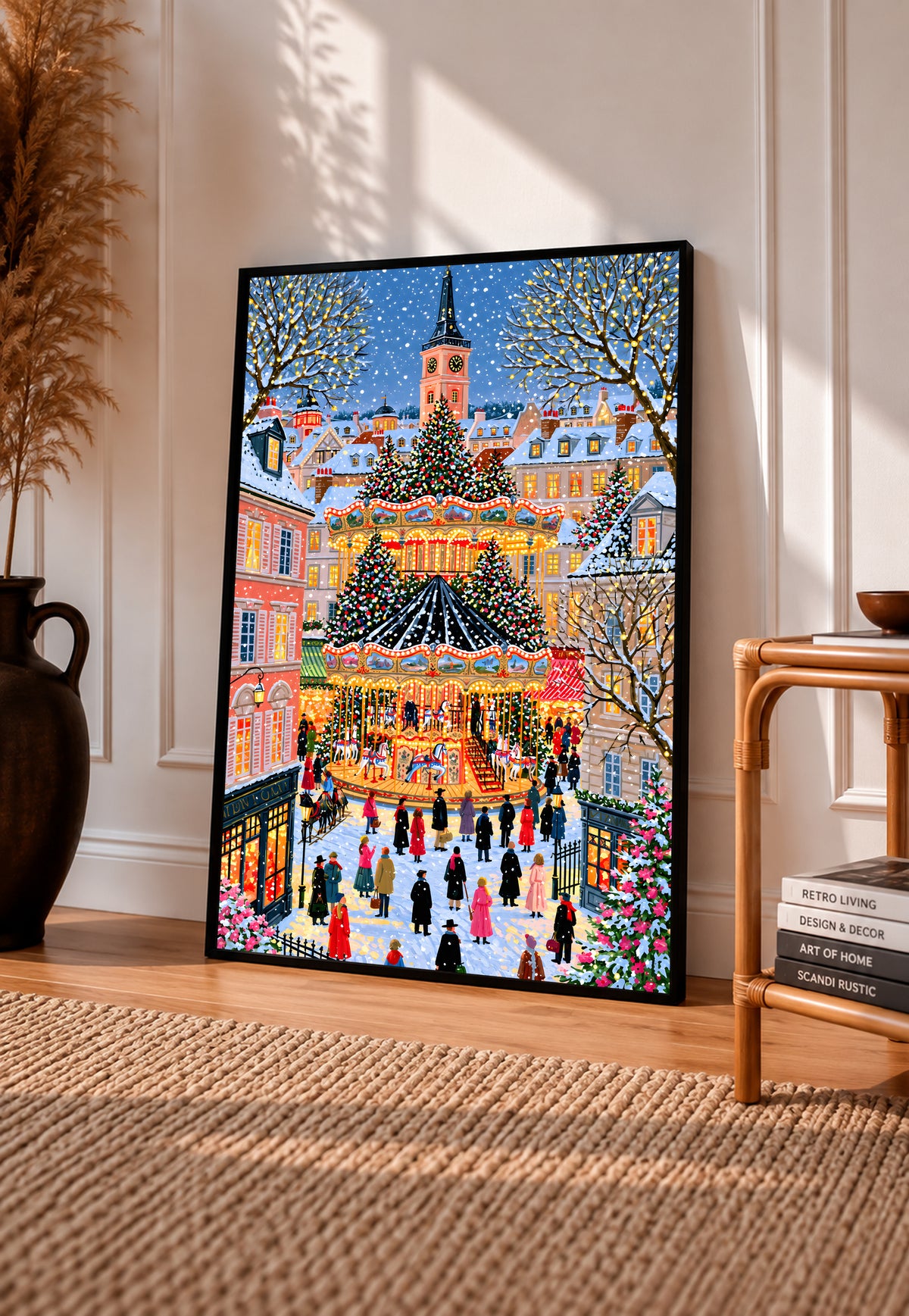 Christmas carousel art print in a black frame, showing a snowy village square and decorated tree.