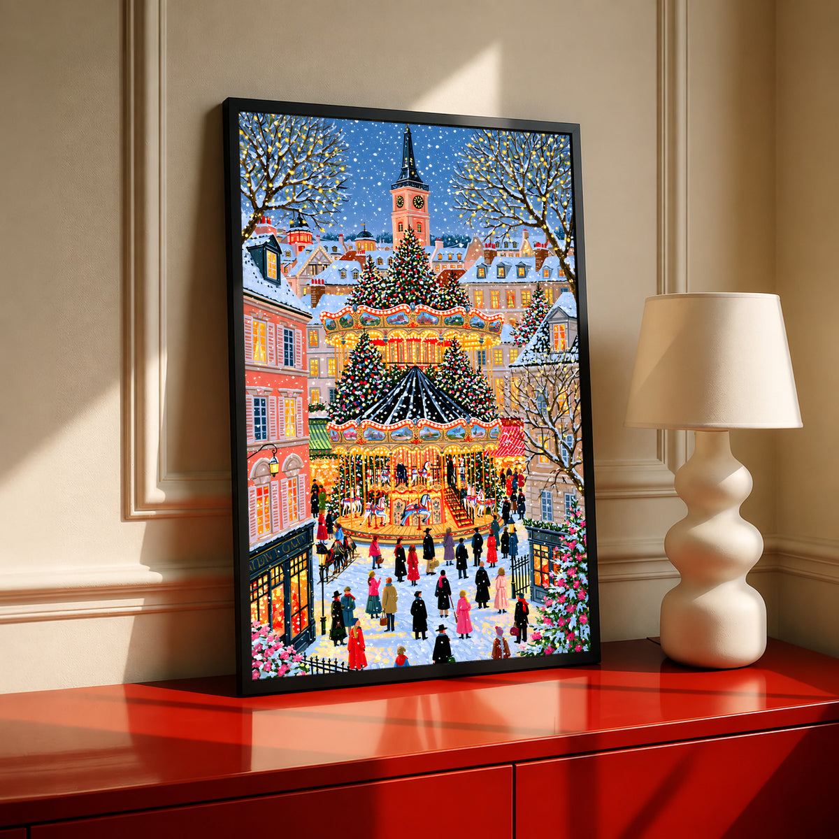 Christmas carousel art print in a black frame, featuring a colorful winter village scene.