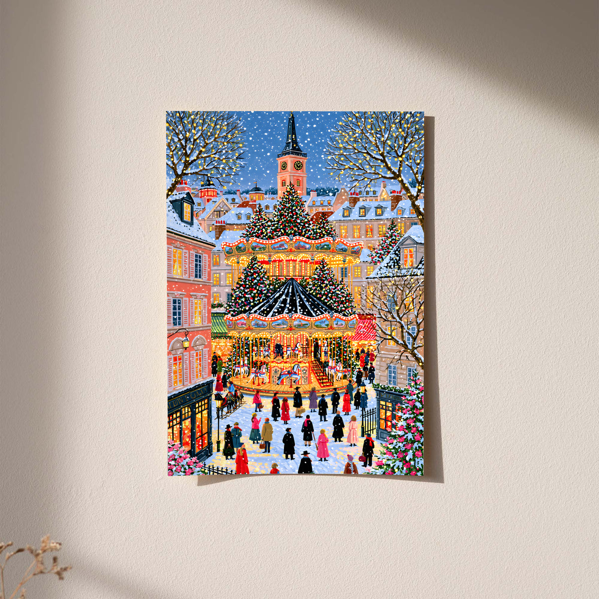 Unframed Christmas carousel art print depicting a snowy village square with a decorated tree.