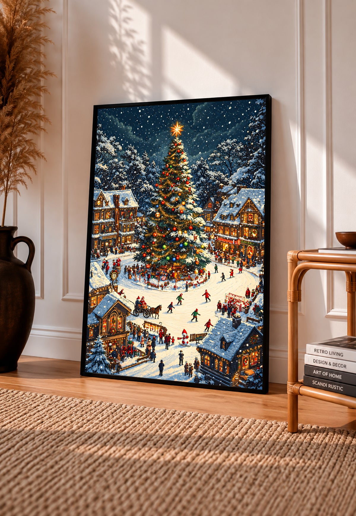 Framed Christmas village art print with a decorated tree, snowy market square, and stalls