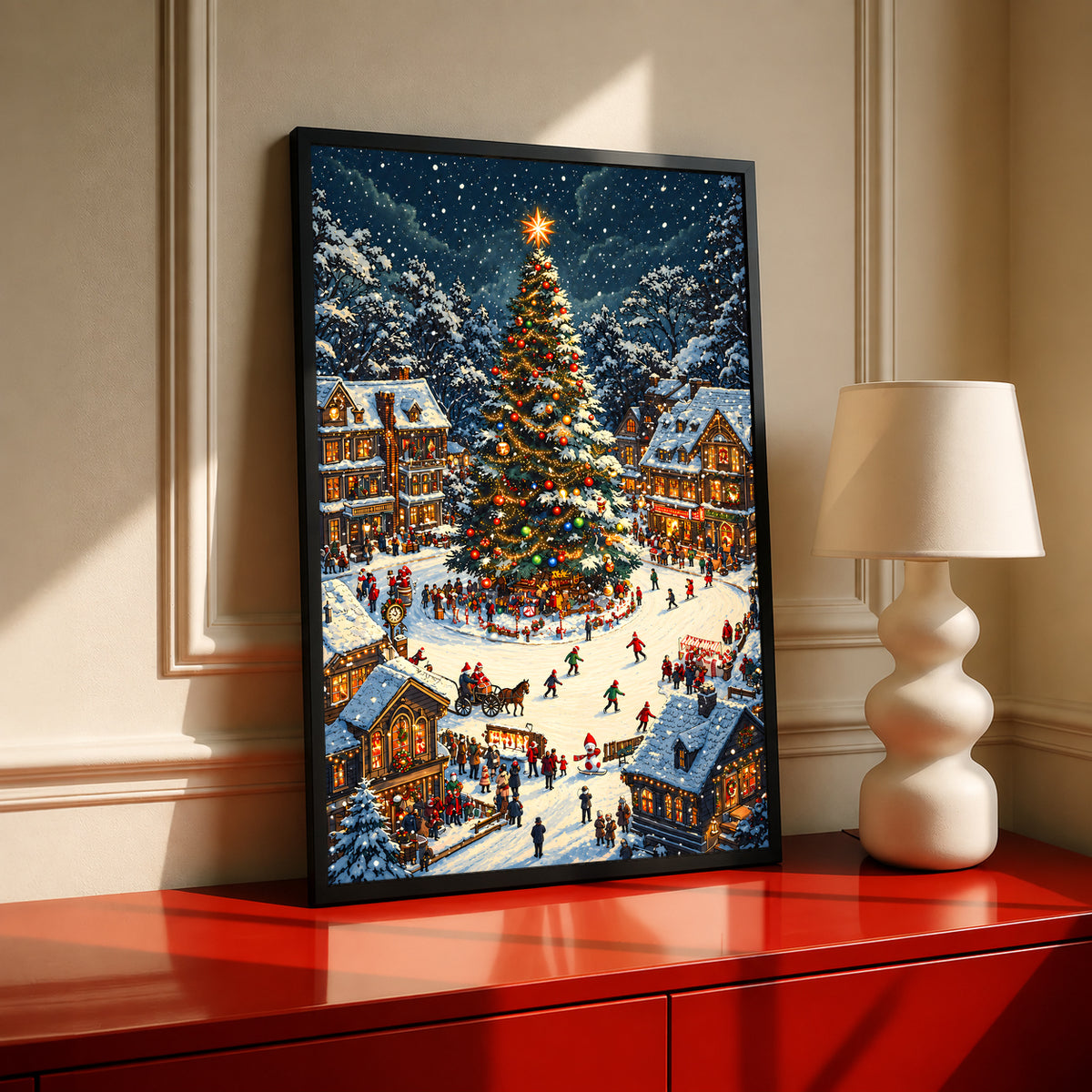 Black-framed Christmas village print with snowy stalls and a decorated tree