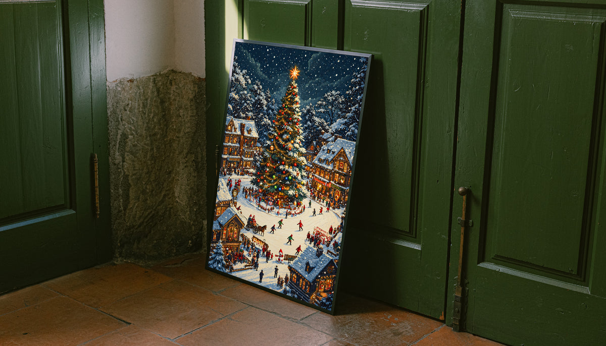 Unframed Christmas village canvas print with a decorated tree and snowy market