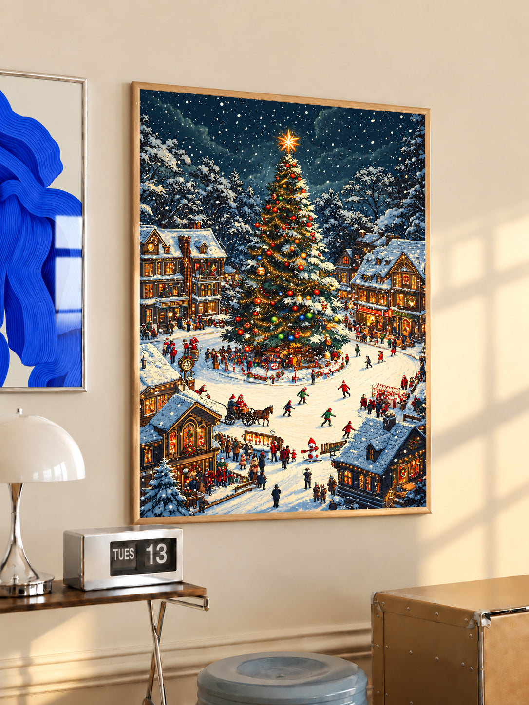Oak-framed Christmas village print featuring a snowy square and decorated tree