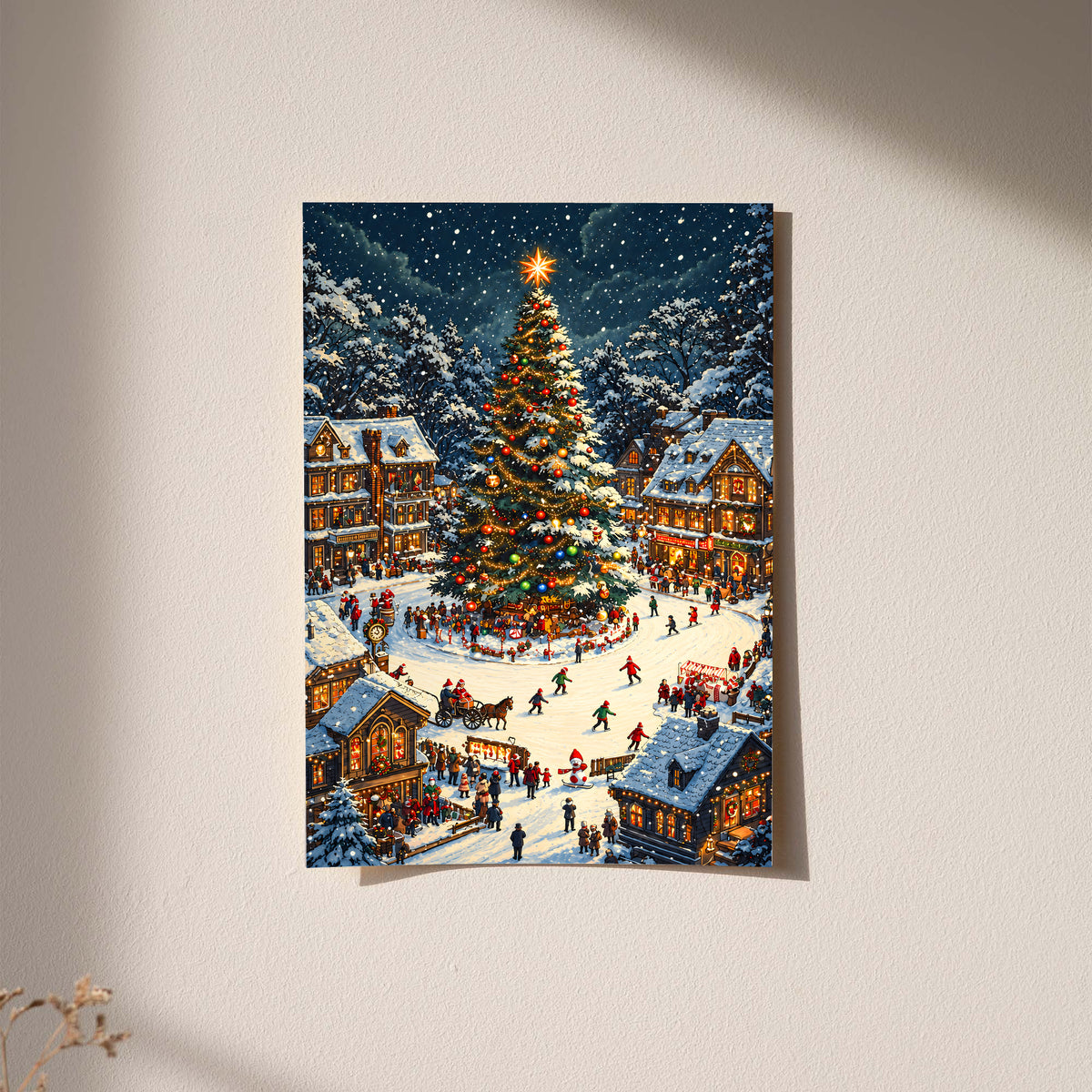 Christmas village art print showing a lit tree and snowy market square