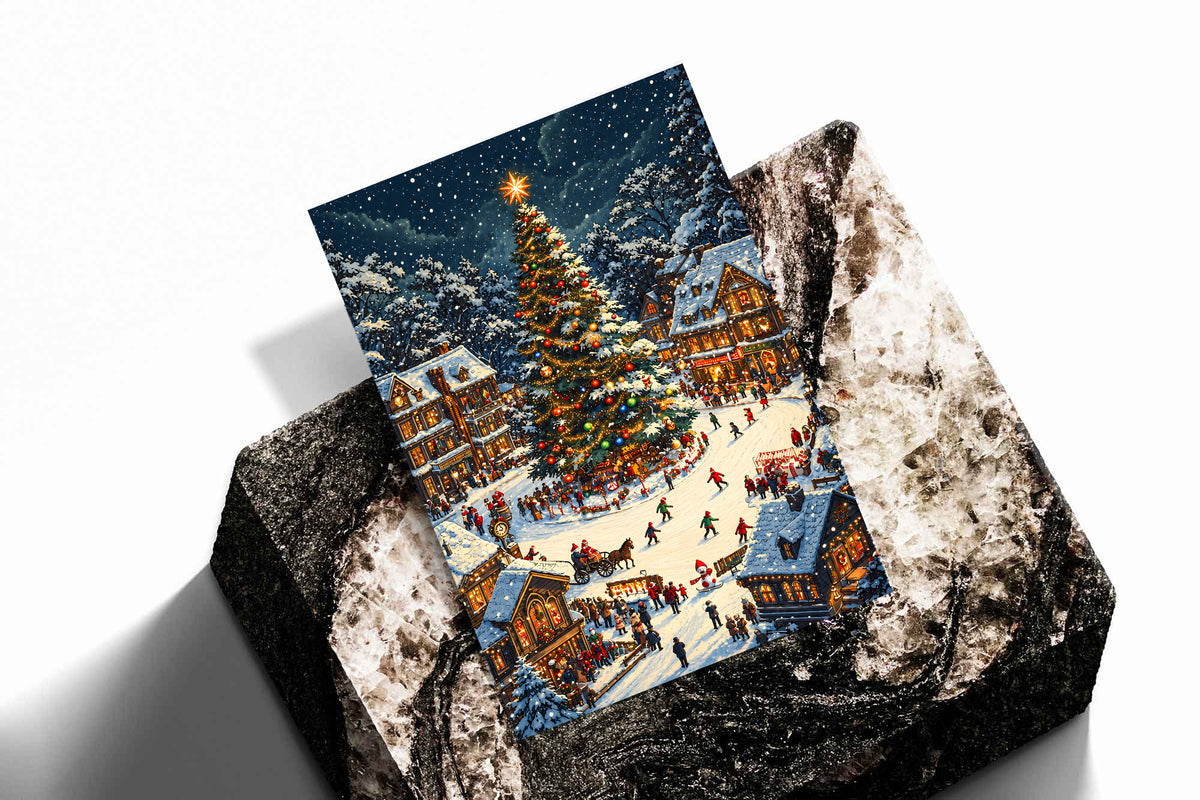 Christmas village art print showing a decorated tree, snowy stalls, and market square