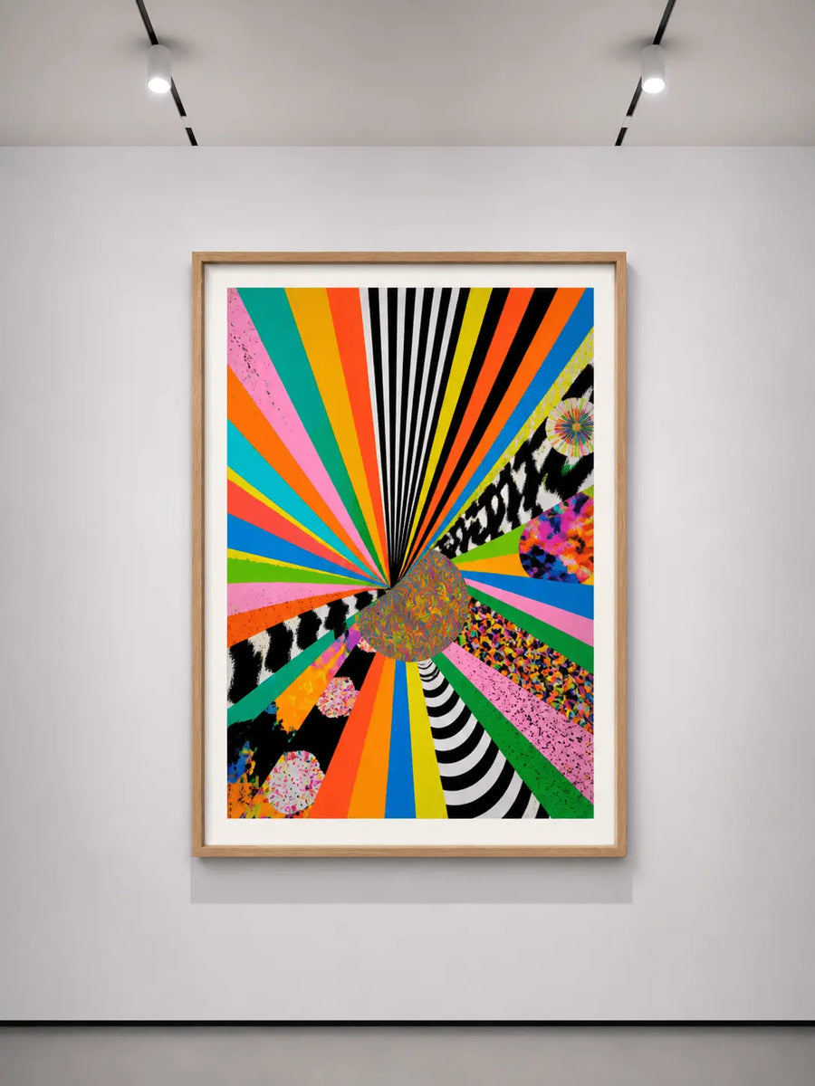 alt
Impresión abstracta enmarcada con marco de madera, rayos arcoíris, rayas de cebra y centro brillante