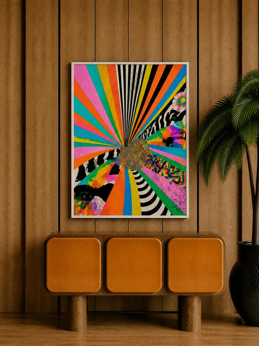 Framed print abstracto con marco de madera, estallido radial arcoíris y franjas de rayas de cebra