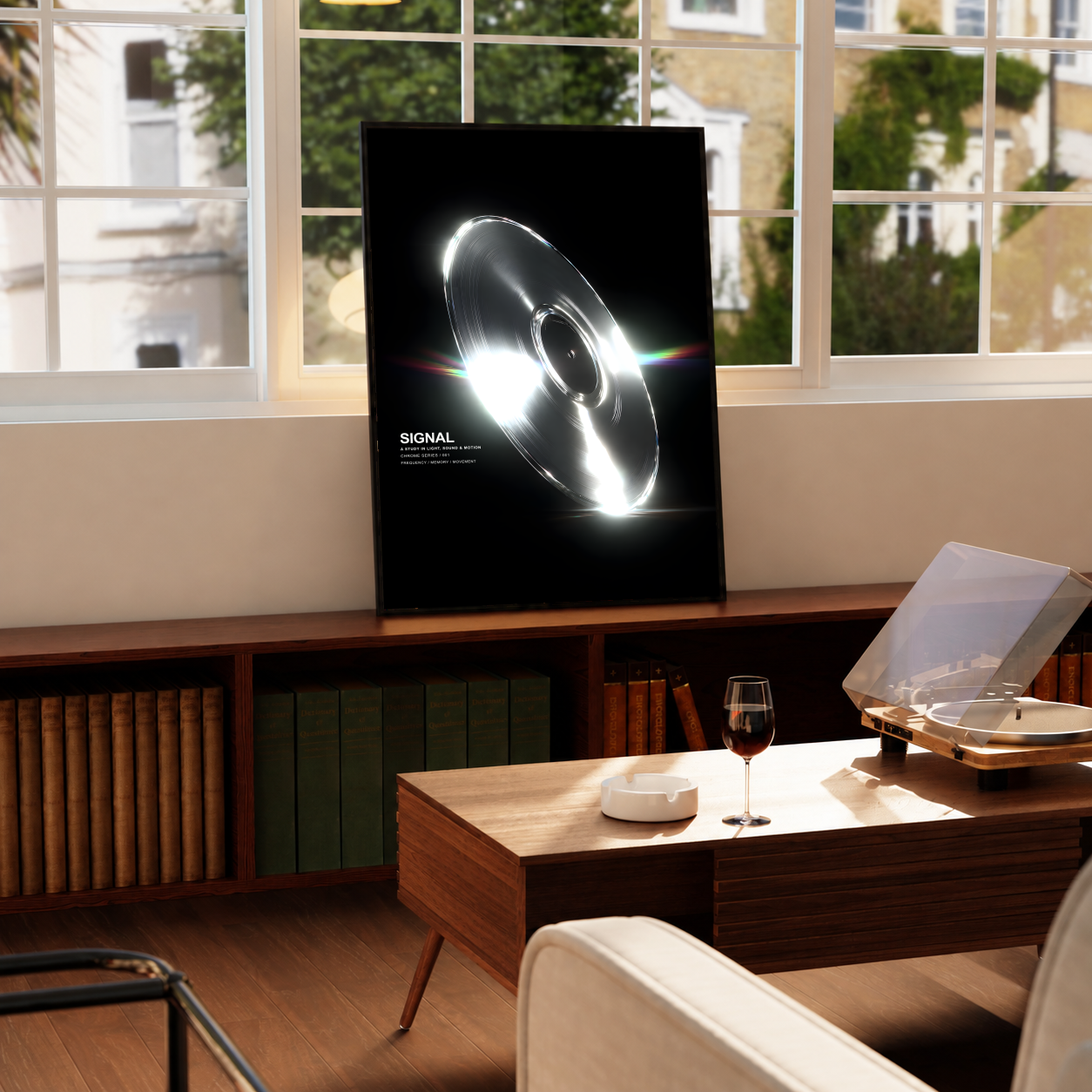 Black record graphic poster with silver vinyl-like disc and rainbow light streaks