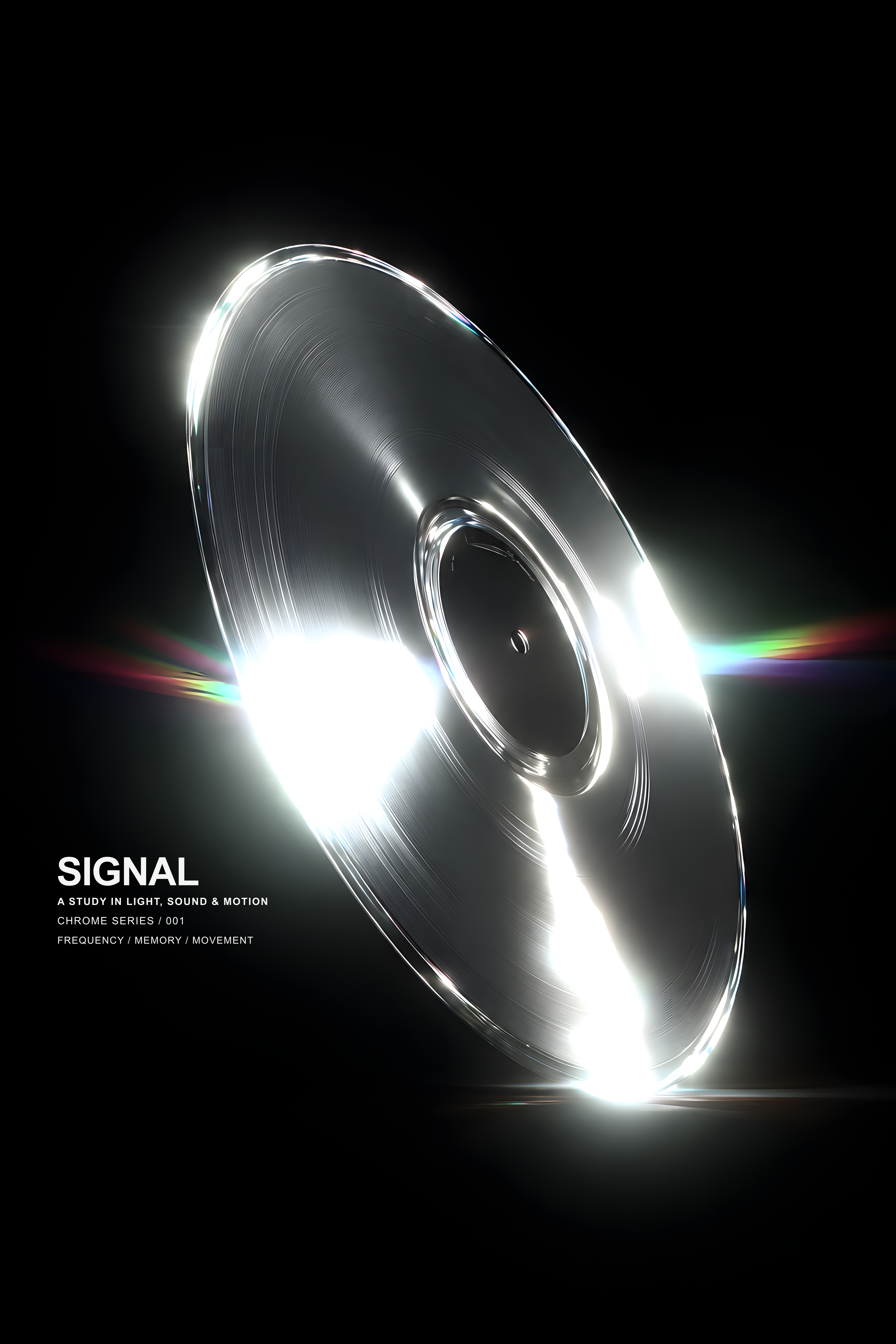 Black poster close-up with silver disc, 'SIGNAL' text, and rainbow light band