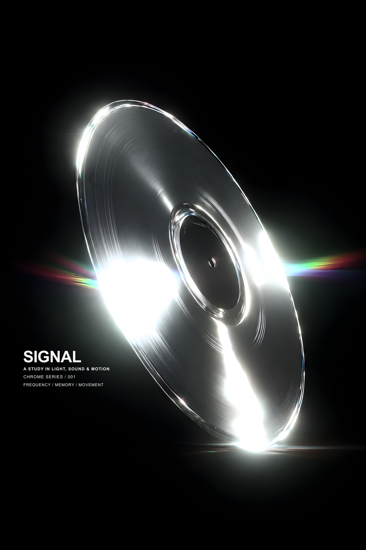SIGNAL music graphic with a reflective silver grooved disc, white highlights and rainbow streaks on black