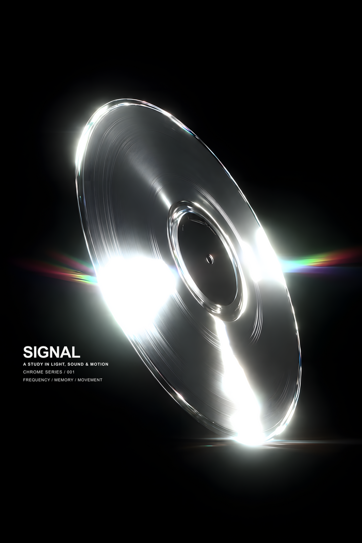 SIGNAL music graphic with a reflective silver grooved disc, white highlights and rainbow streaks on black