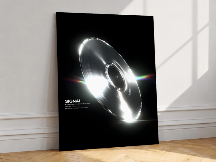 SIGNAL music graphic with a reflective silver grooved disc, white highlights and rainbow streaks on black, shown unframed on a white wall above parquet flooring with a diagonal sun shadow