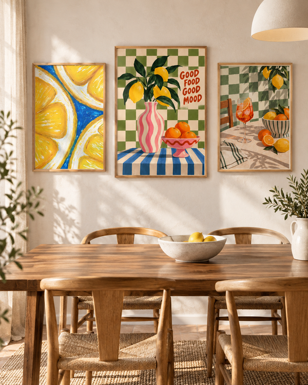 Set of three framed gallery wall prints with lemons, cocktails, and checkered decor.