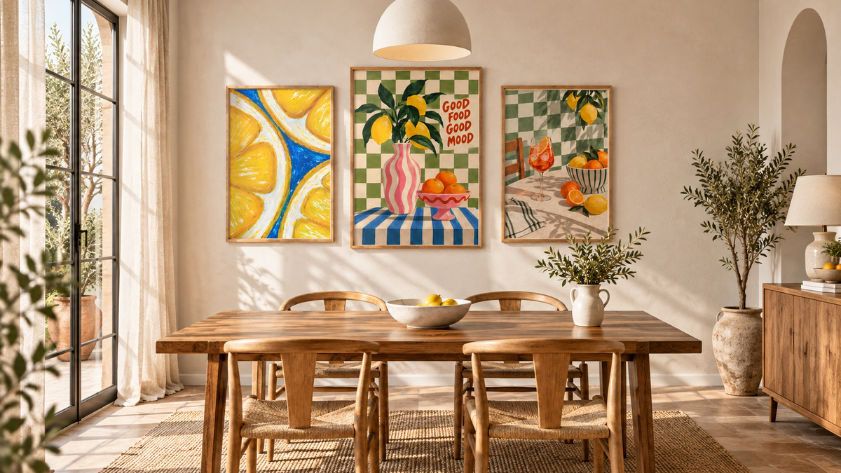 Three framed kitchen wall art prints with lemon artwork and cocktail table scene.