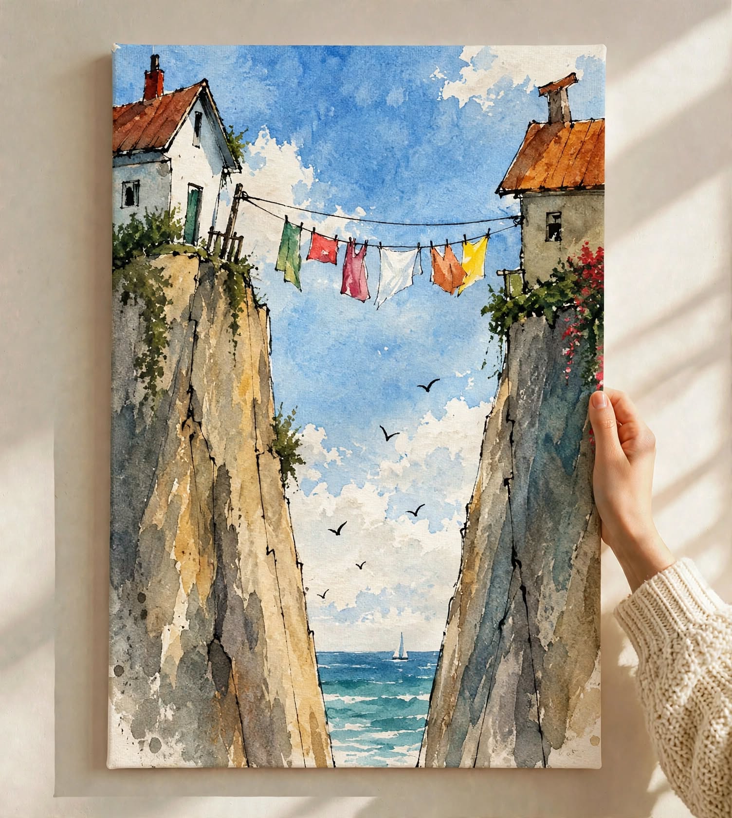 Mediterranean Street Watercolor Art Print held against a bright wall with sunlight falling across the seaside village scene