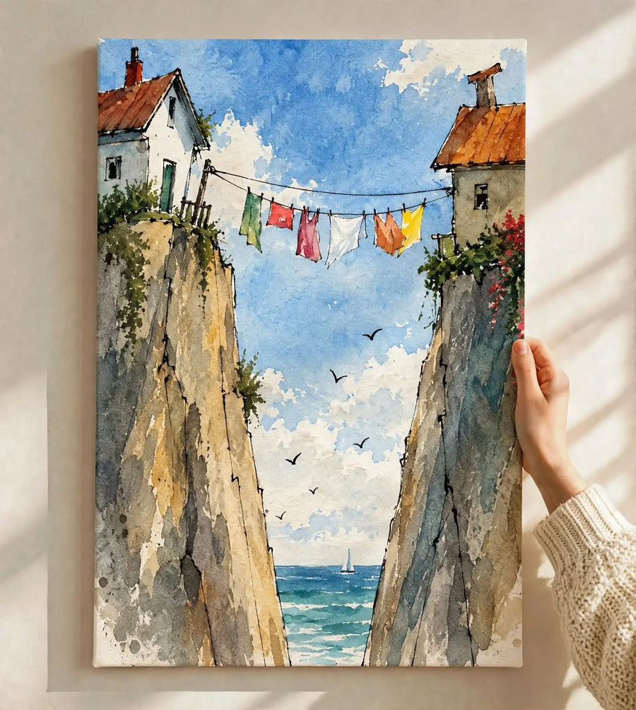 Mediterranean Street Watercolor Art Print held against a bright wall with sunlight falling across the seaside village scene