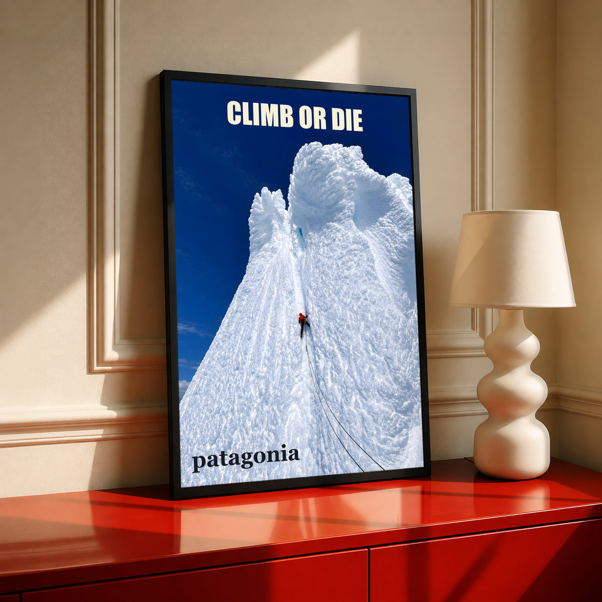 Black-framed Patagonia ice climbing print featuring a lone climber on a snowy peak