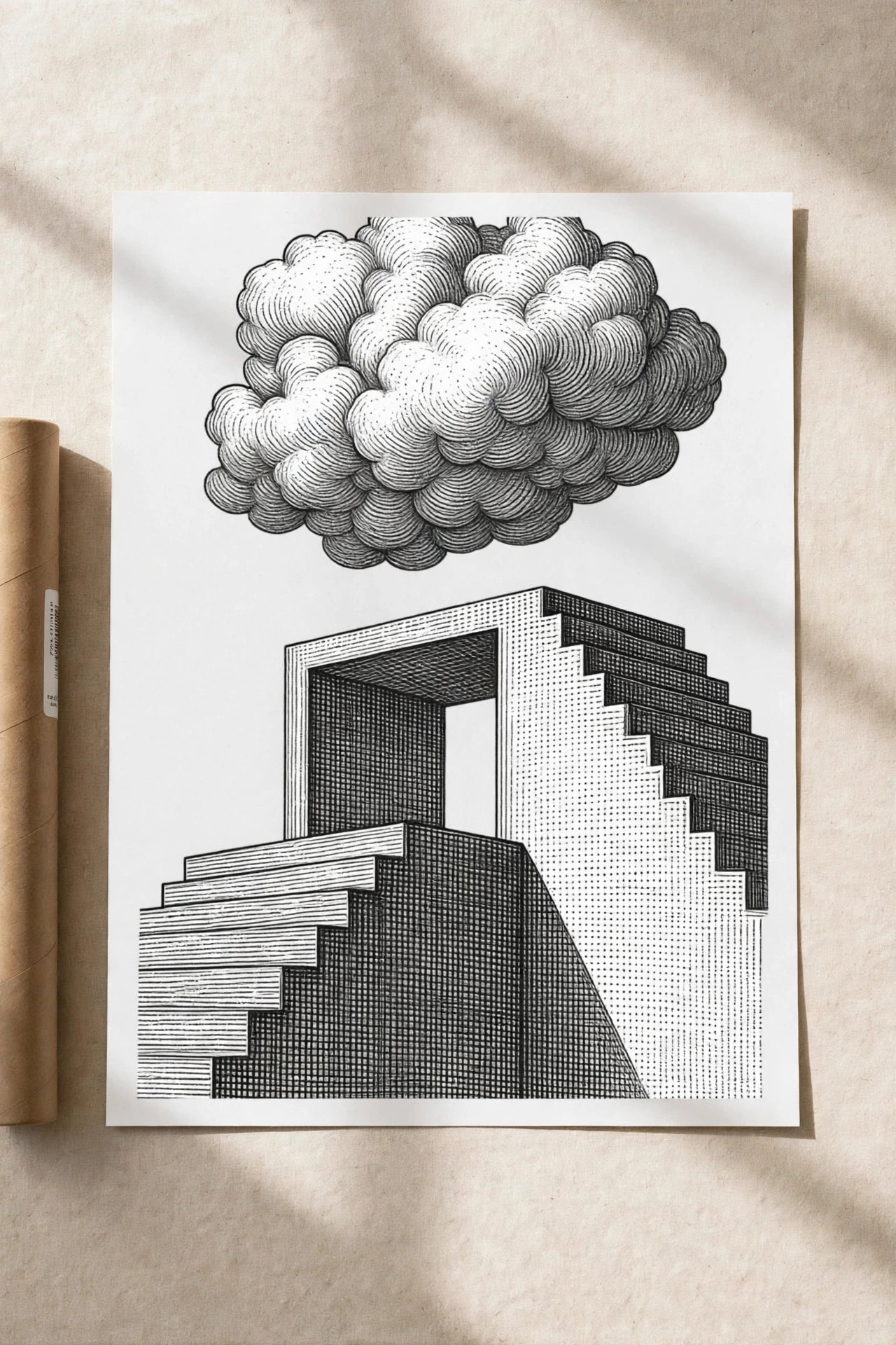 Monochrome architectural wall art poster with cloud illustration and block building design