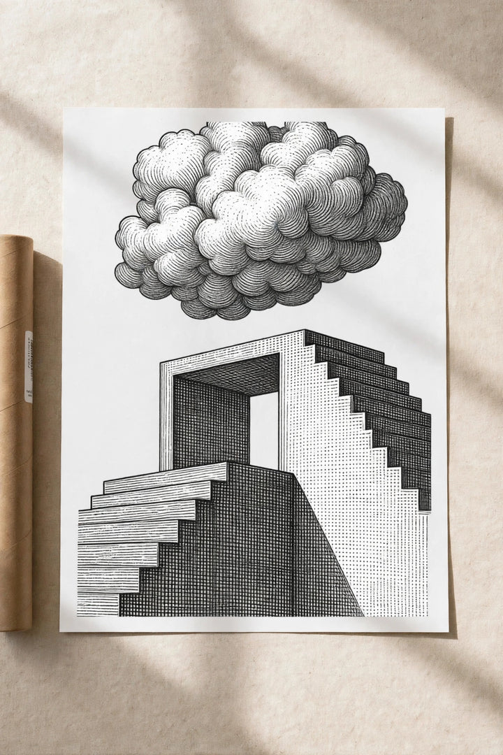 Monochrome architectural wall art poster with cloud illustration and block building design
