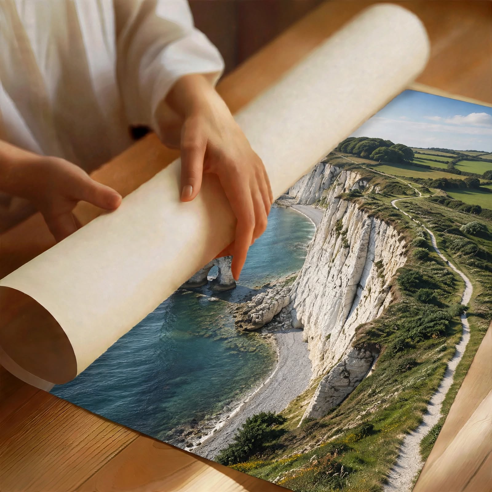 Coastal Cliff Art Print shown as an unframed poster with green cliffs and calm ocean views