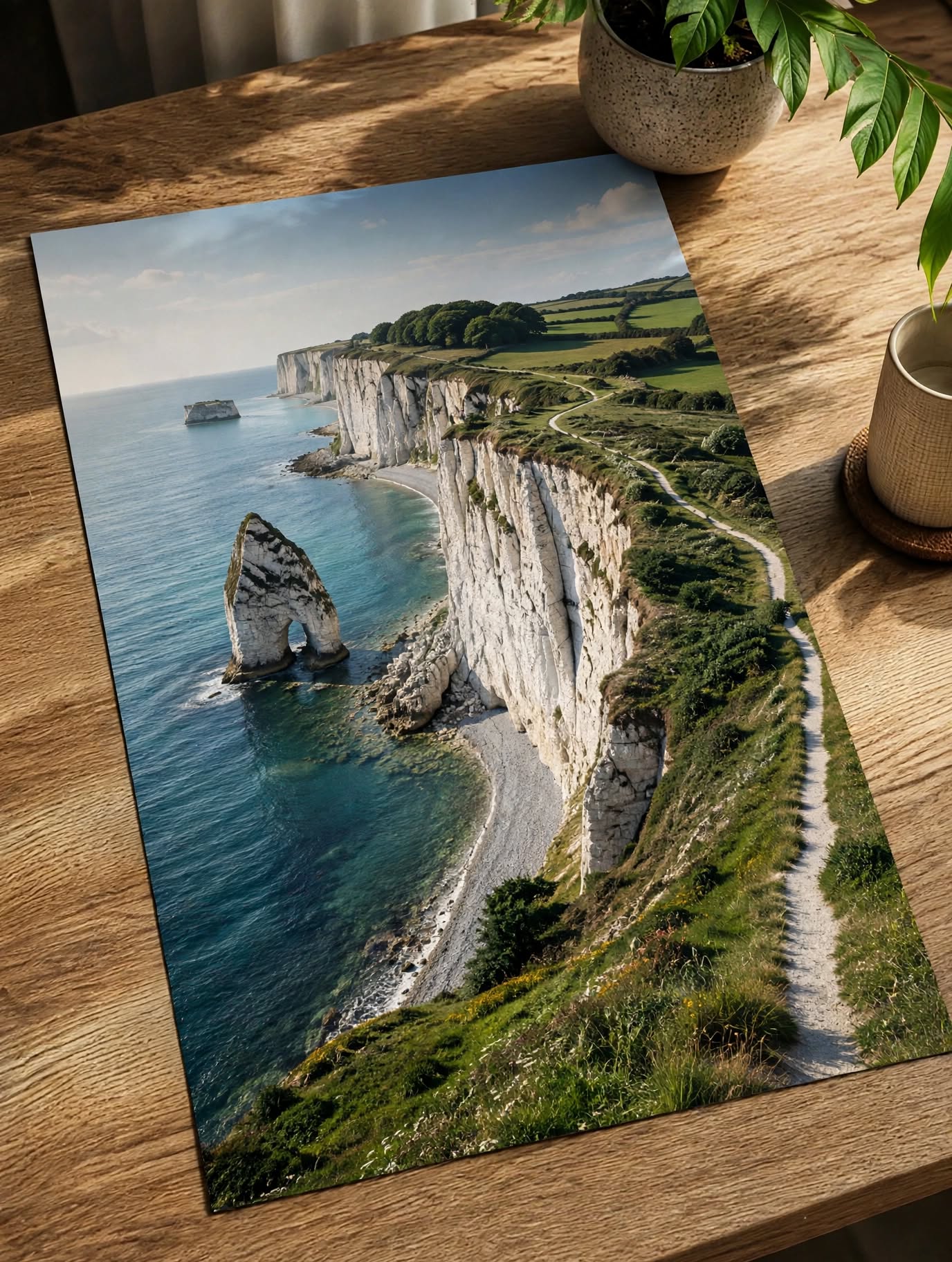 Coastal Cliff Art Print featuring an elevated view of white rock formations along the coastline