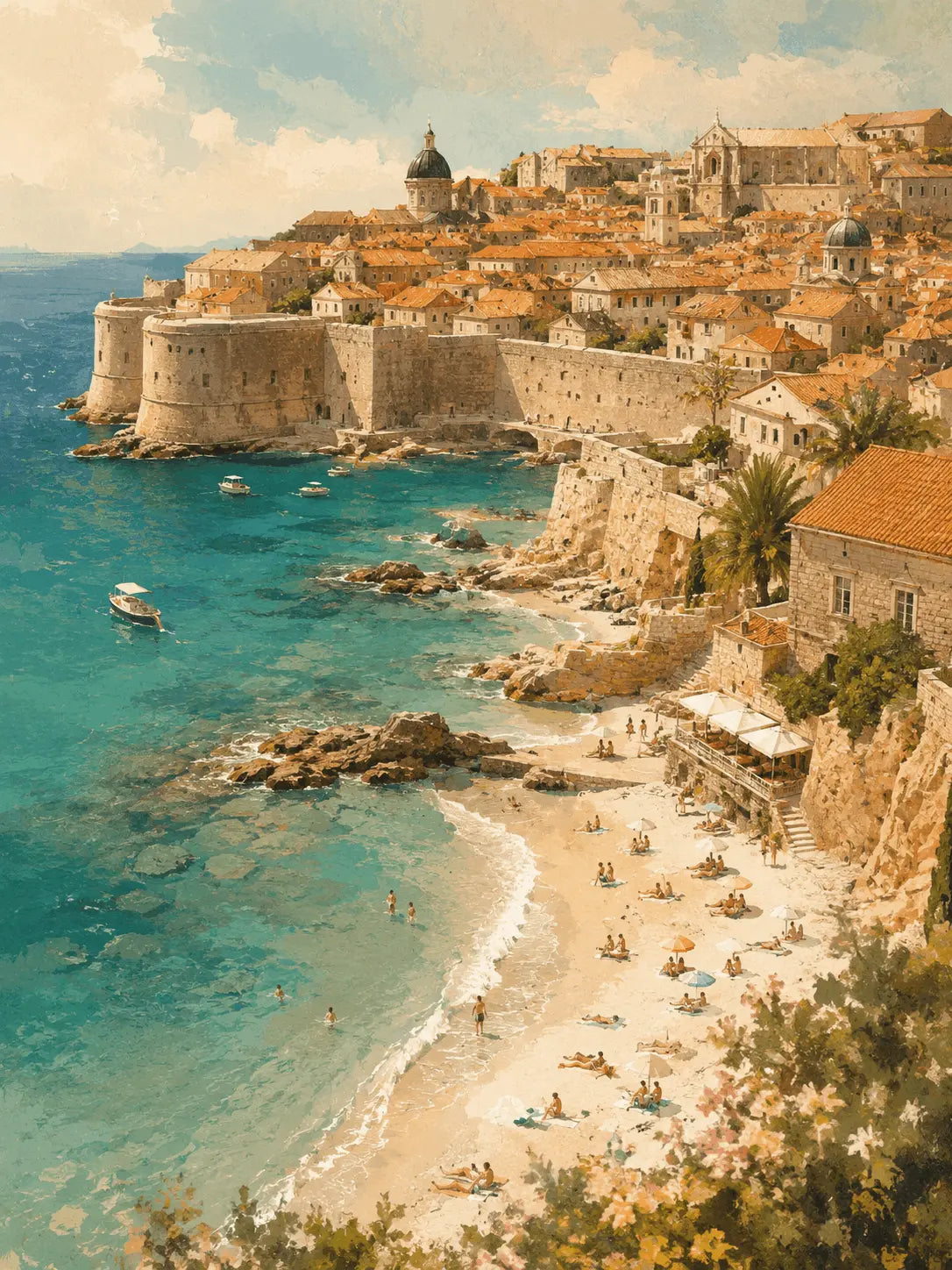 Croatia coastal wall poster showing coastal harbor, turquoise water, and beach shoreline