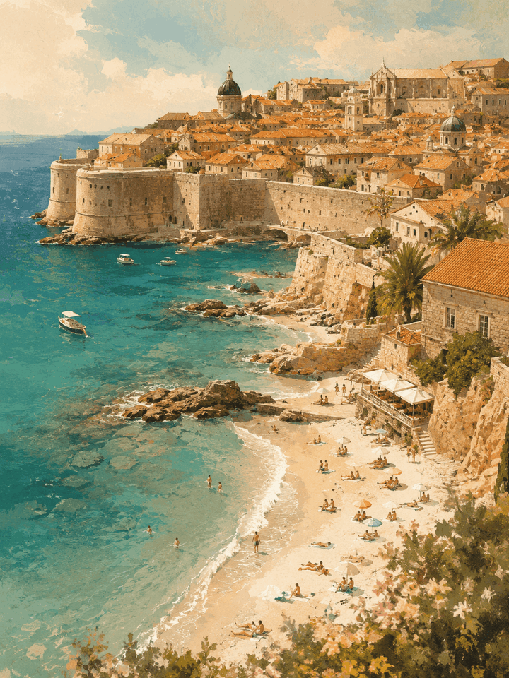 Croatia coastal wall poster showing coastal harbor, turquoise water, and beach shoreline