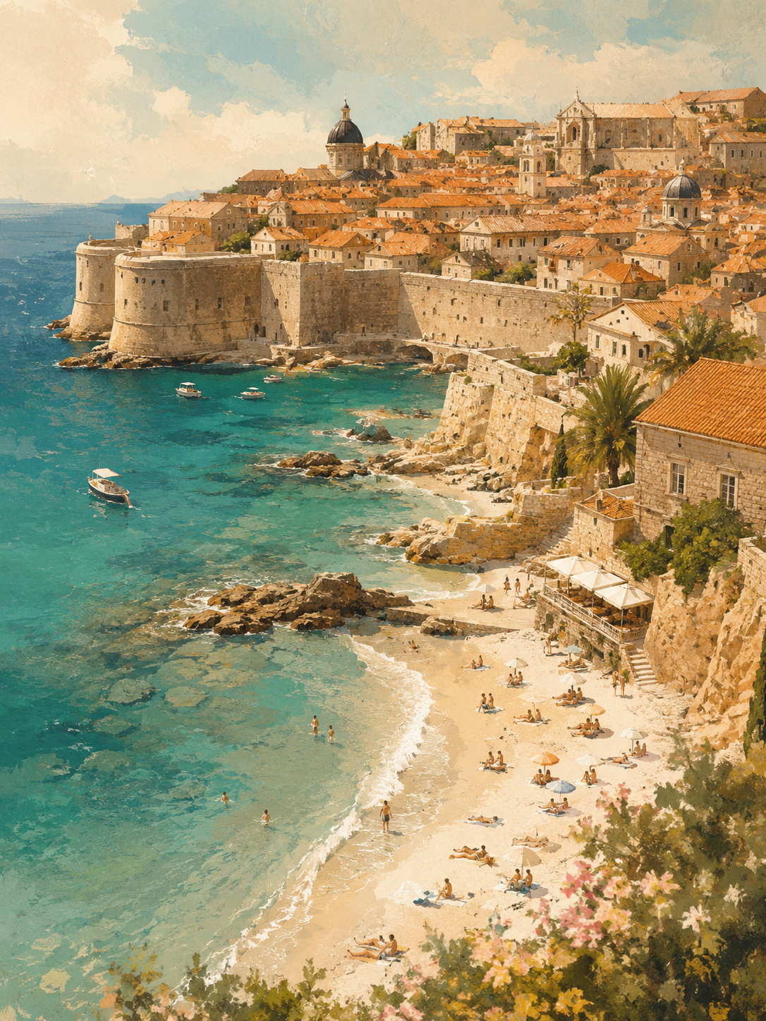 Croatia Coastal Wall Poster overlooking the Adriatic Sea with historic stone architecture and turquoise coastline.