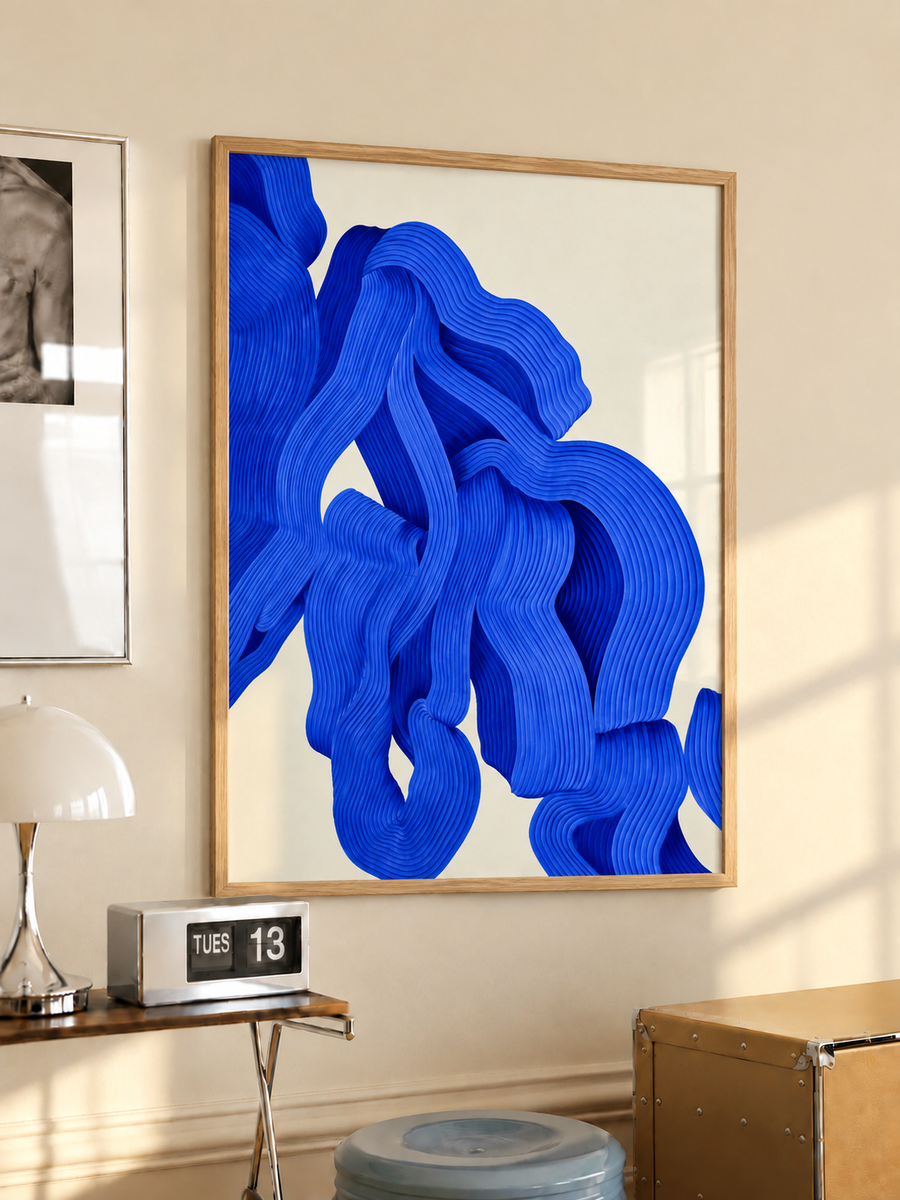 Cobalt Blue Abstract Brushstroke Wall Art Poster styled interior mockup