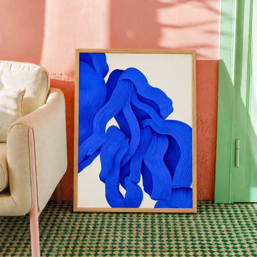 Cobalt Blue Abstract Brushstroke Wall Art Poster framed home decor mockup