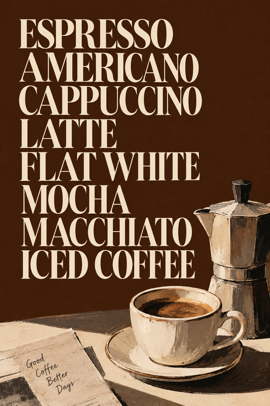 Coffee menu typography kitchen wall art poster listing espresso Americano cappuccino latte and mocha