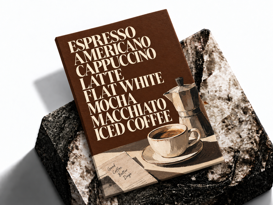 Coffee menu typography poster shown as a premium art print mockup