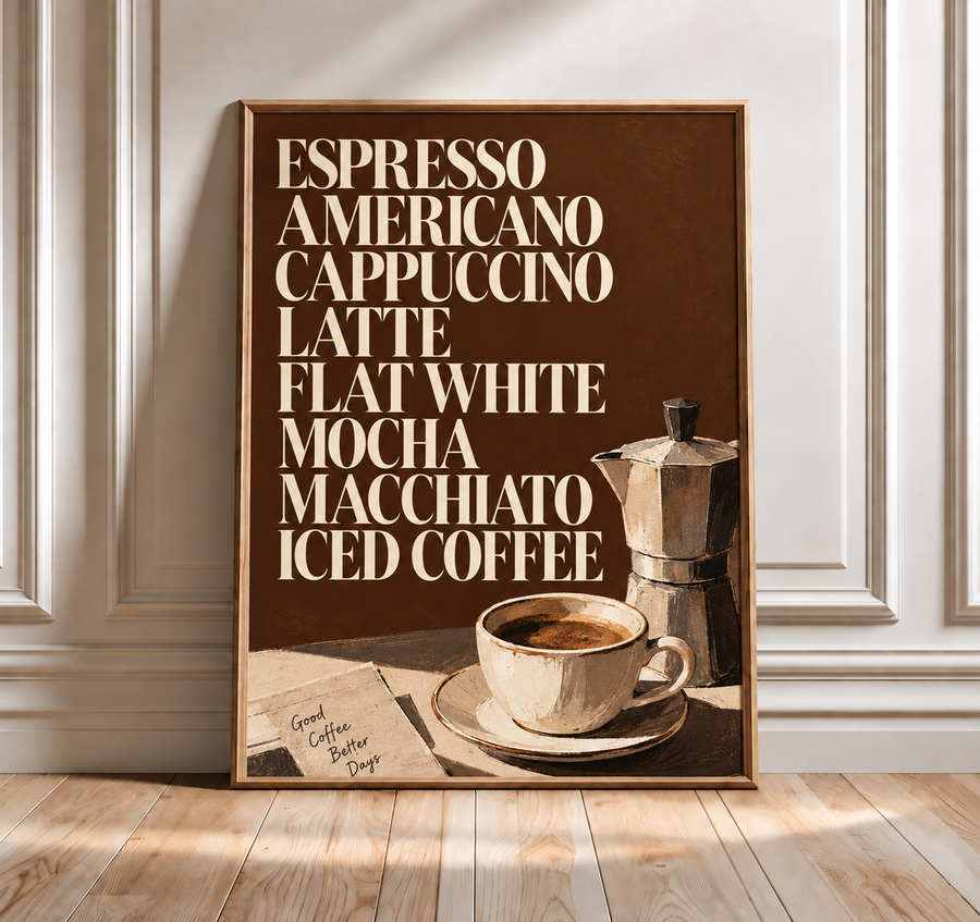 Coffee menu typography wall art displayed in a warm modern kitchen and cafe interior