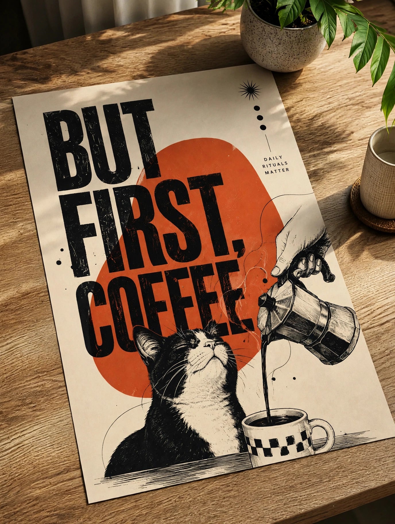 Coffee-themed unframed poster with bold 'But First Coffee' text, cat, and coffee jug
