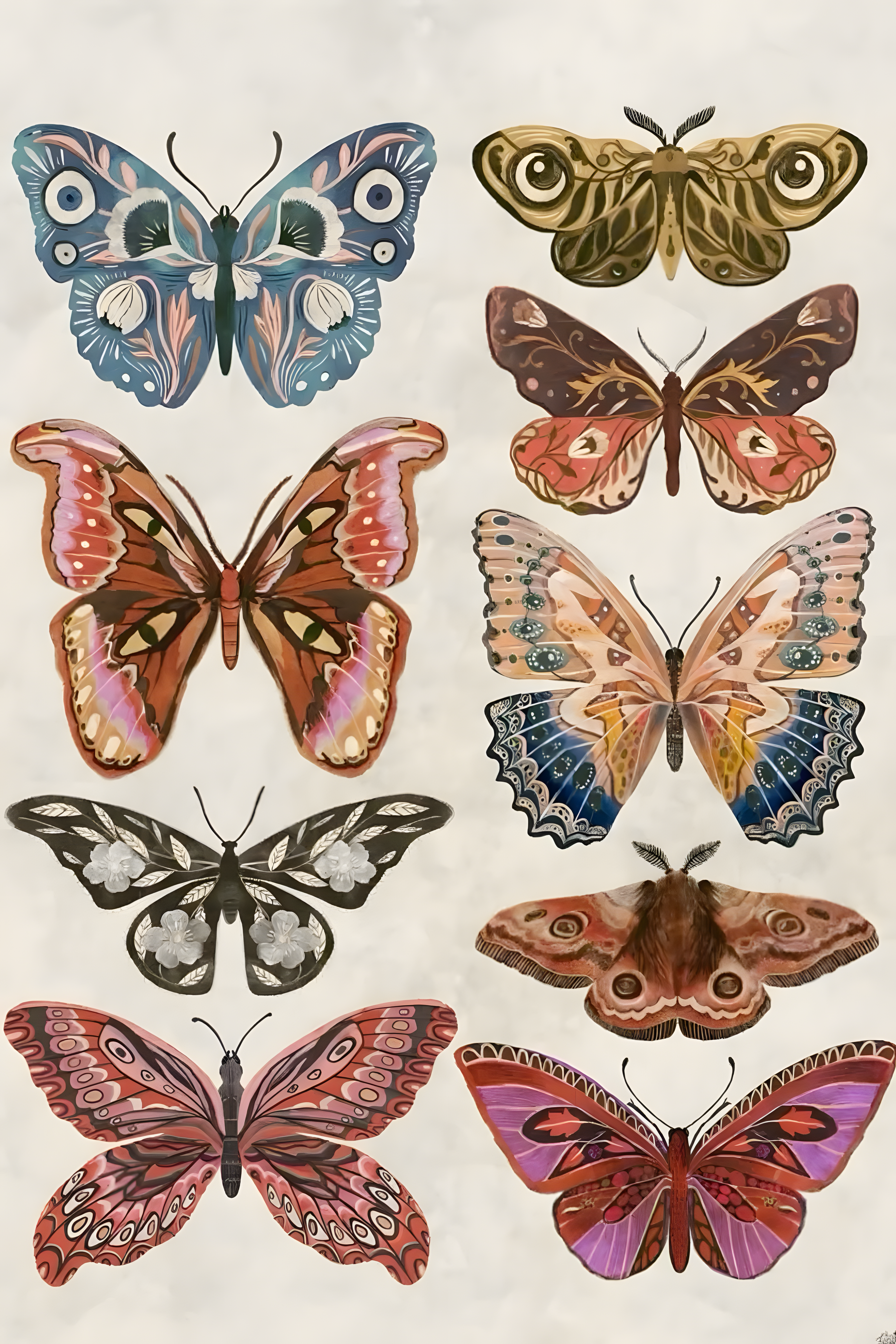 Butterfly and moth print featuring colorful insects arranged on a white paper background