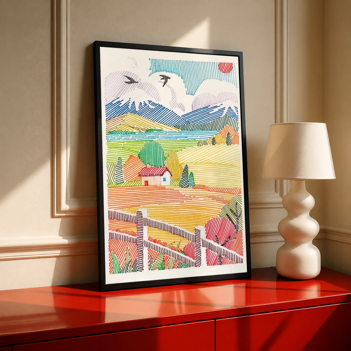 A red-roof farmhouse among colorful striped fields, mountains, birds and a foreground fence in a black frame on a red console beside a sculptural cream lamp