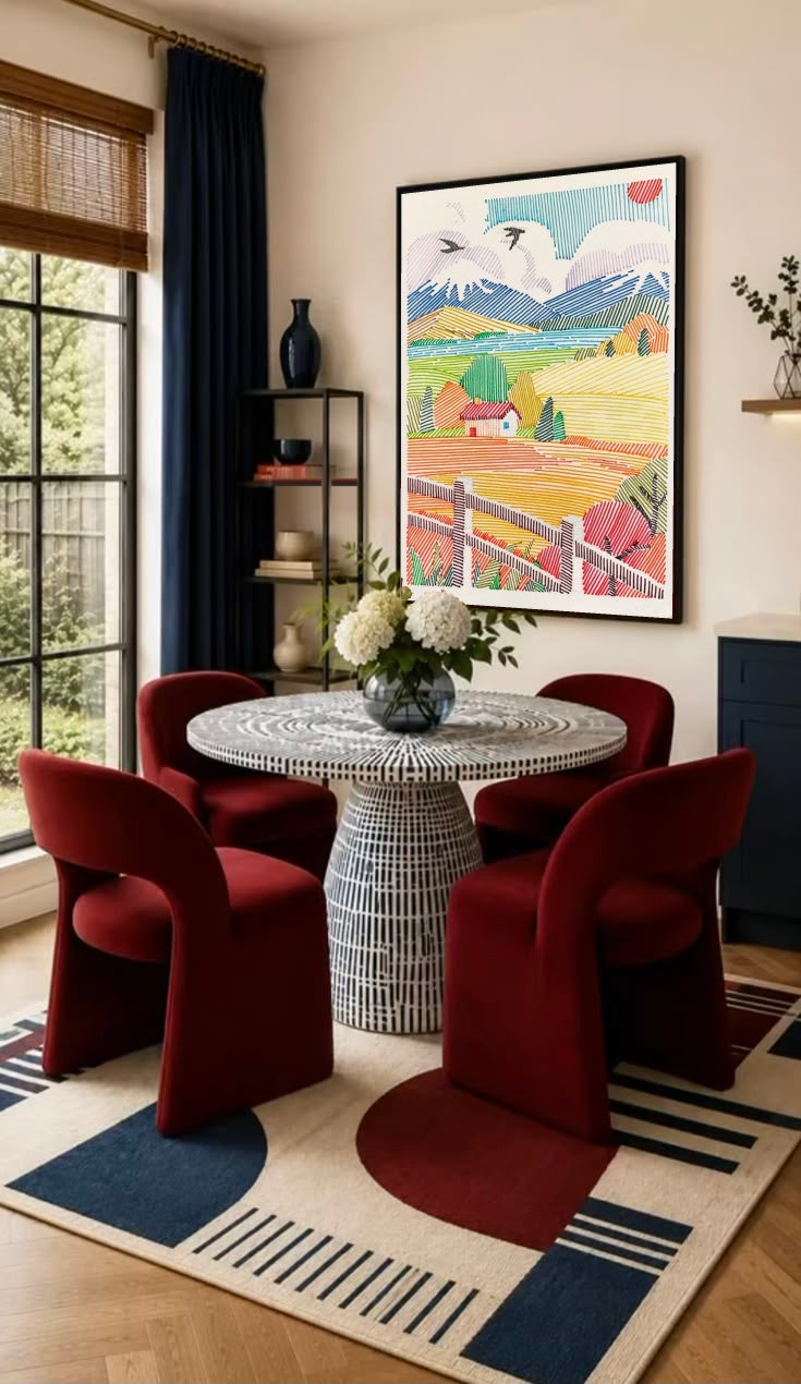 Framed countryside landscape wall art print with mountains, fields, and fence details