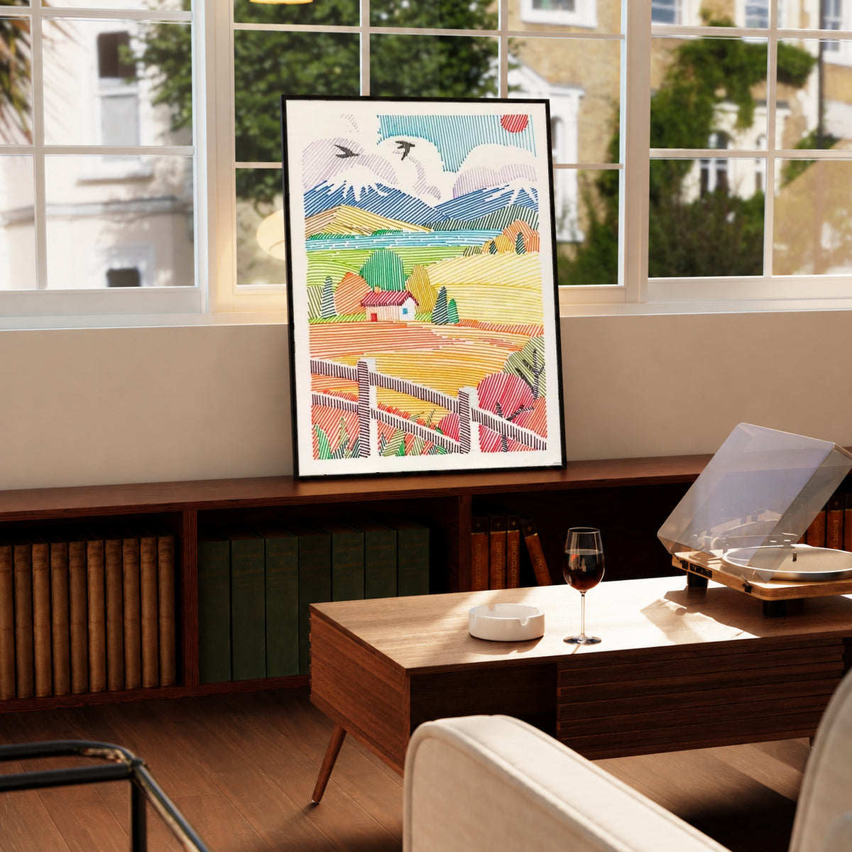 A red-roof farmhouse among colorful striped fields, mountains, birds and a foreground fence in a black display frame on a wooden console beside a sunlit window