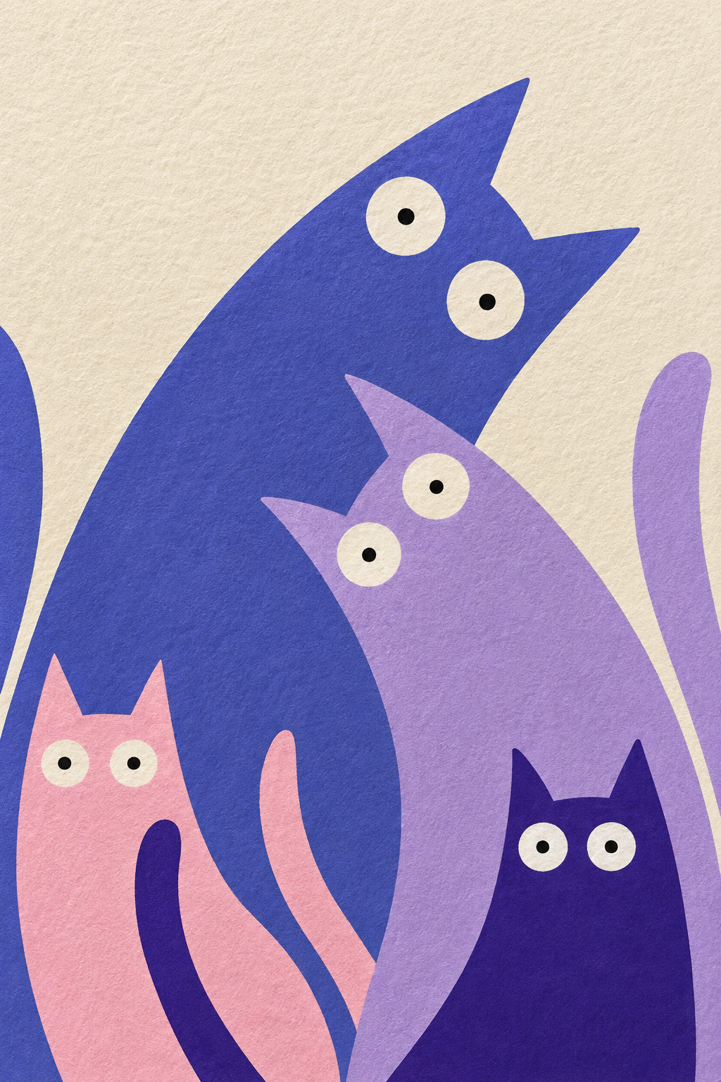 Four flat graphic cats in blue, lavender, pink and deep violet with large round eyes on a textured cream field.