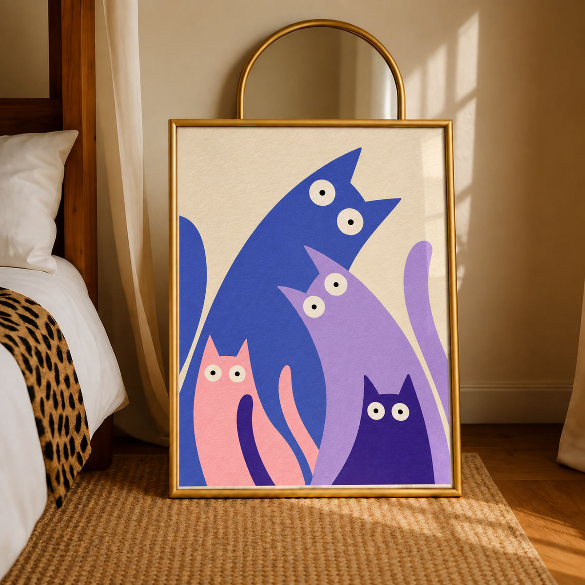 Four colourful cats wall art displayed in styled interior view 2