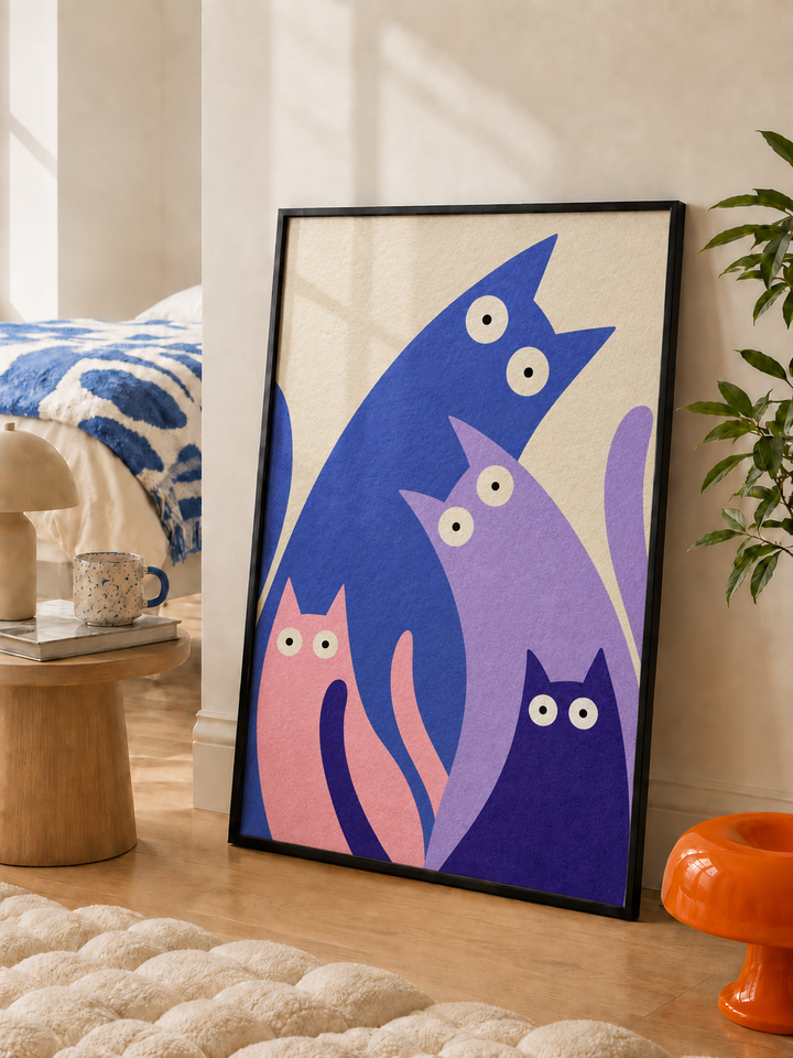 Four colourful cats wall art displayed in styled interior view 4