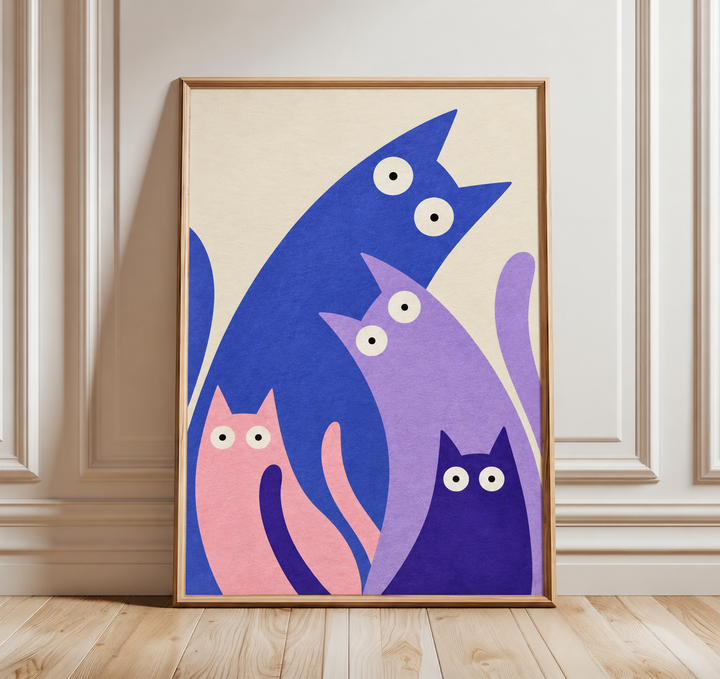 Four colourful cats wall art displayed in styled interior view 5