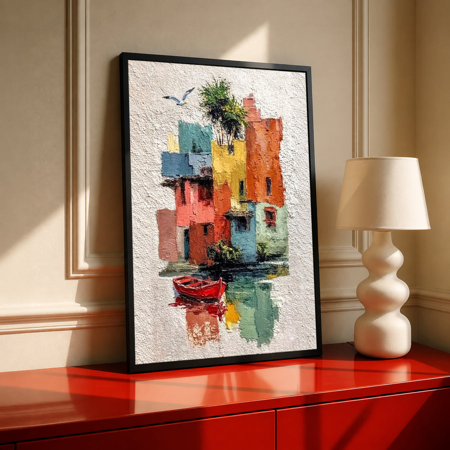 Framed harbor village wall art print with red boat, colorful buildings, and blue bird