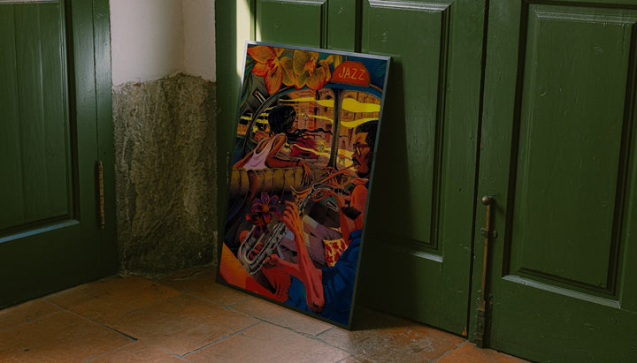A trumpet player and lively jazz club interior in orange, red, yellow and deep blue leaning on the floor against dark green wall panelling