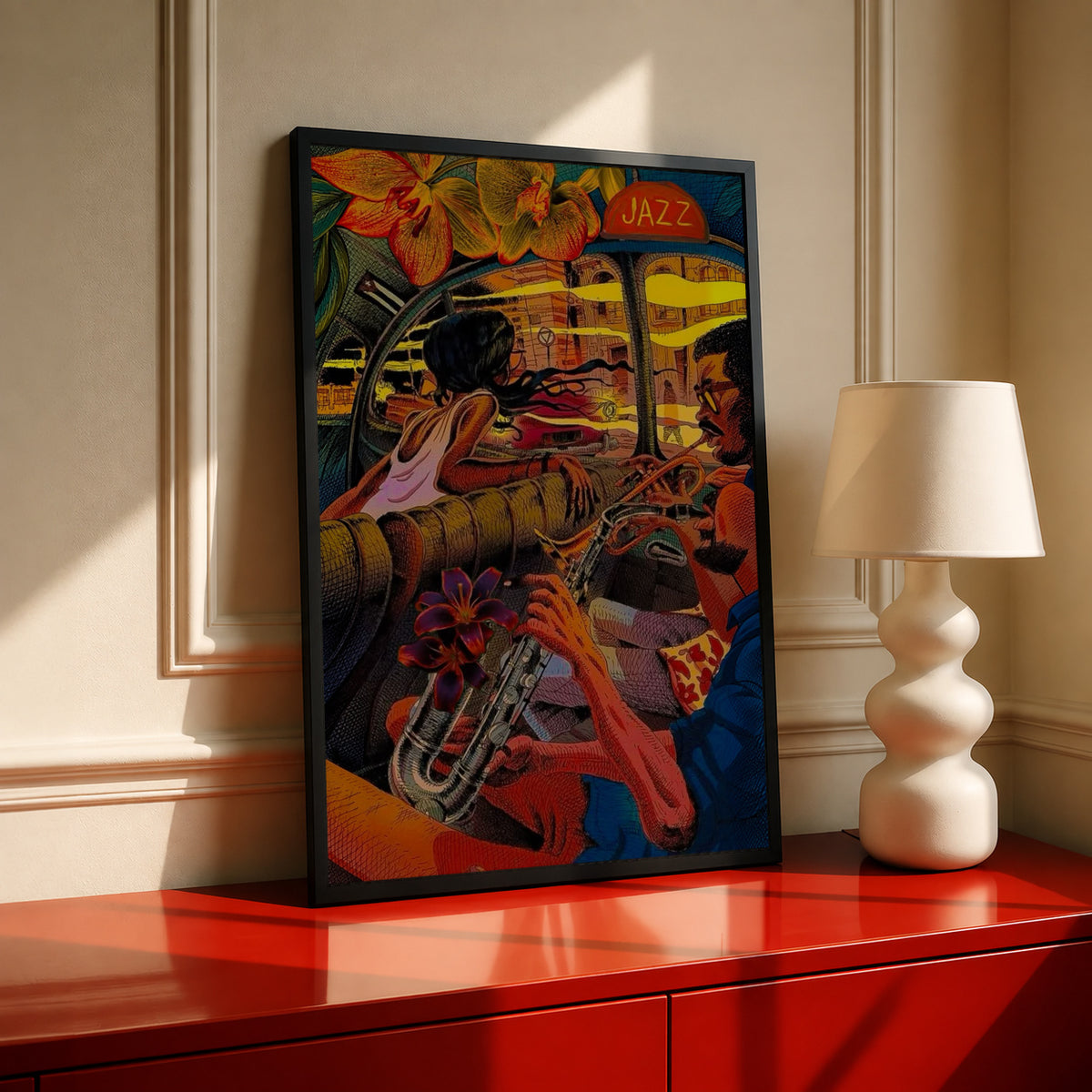 A trumpet player and lively jazz club interior in orange, red, yellow and deep blue in a black frame on a red console beside a sculptural cream lamp