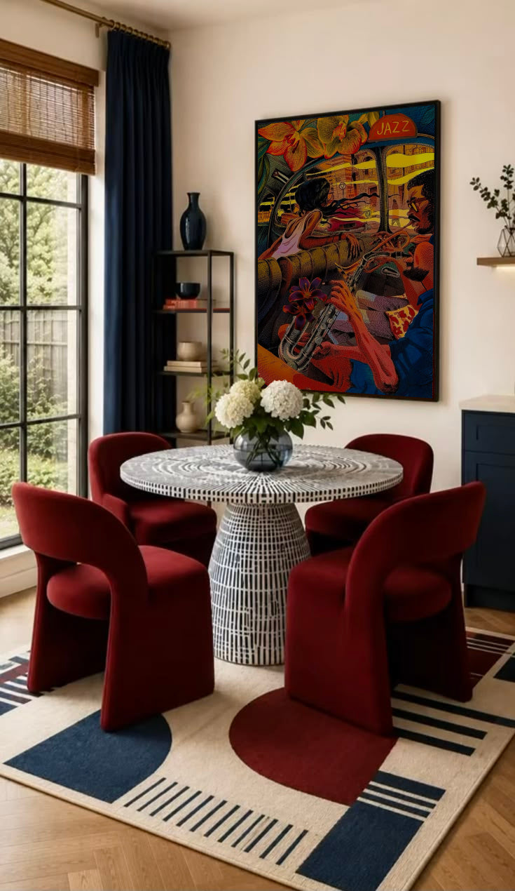Colorful jazz club wall art print in a frame, featuring a trumpet player at night