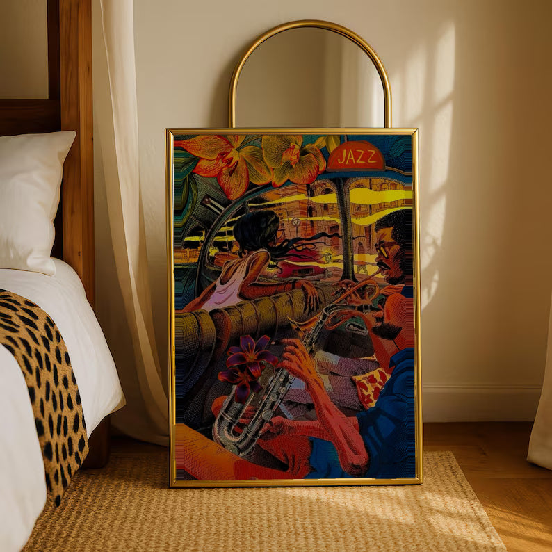 A trumpet player and lively jazz club interior in orange, red, yellow and deep blue in a gold-tone styling frame leaning beside a bedroom mirror