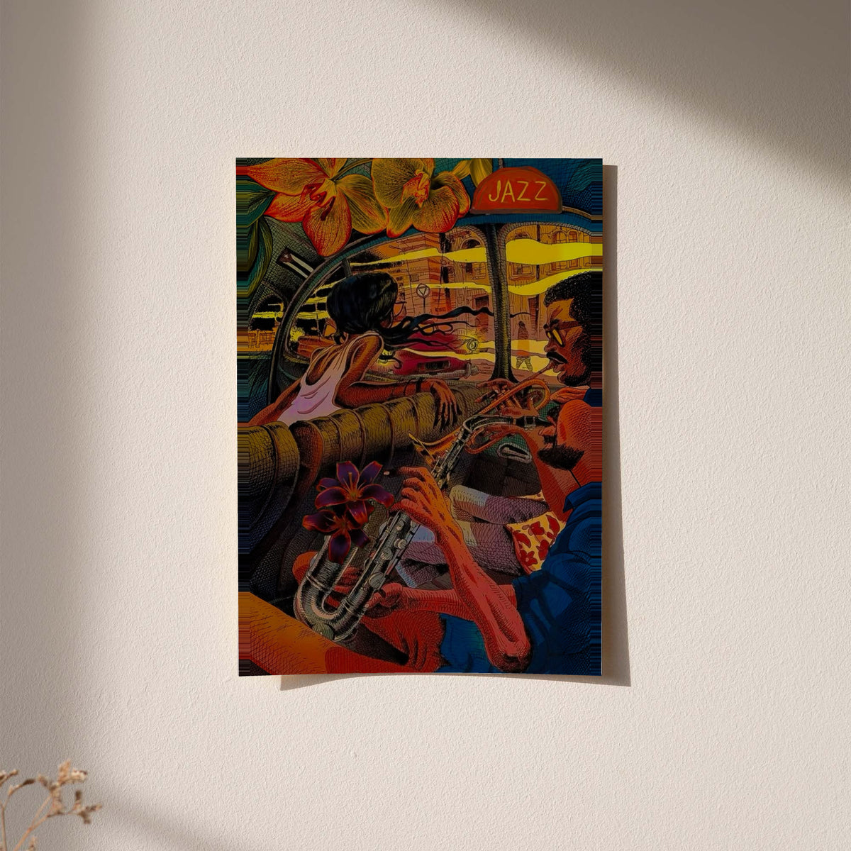 A trumpet player and lively jazz club interior in orange, red, yellow and deep blue displayed without a visible frame on a softly lit pale wall